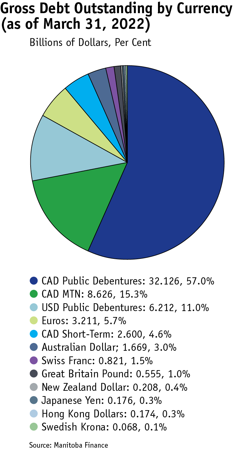 pie chart shows gross debt outstanding at March 31, 2022 by currency 