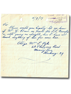 “Sir, Please would you kindly let me know if Mr. G. Bacon on board the S. S. Nascopie is still going on alright as I have not heard anything of him for some time. Oblige Miss L. Pyke, 42 Chalgrove Road, Morning Lane, Hackney, Eq.”